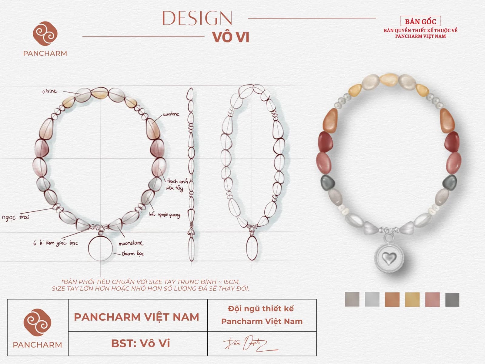 Bản thiết kế vòng Vô Vi của Pancharm: phác thảo tay ghi chú citrine, sunstone, thạch anh dâu tây, hắc nguyệt quang, moonstone, ngọc trai, 6 bi tam giác bạc, charm bạc; bên phải là bản phối màu hoàn chỉnh